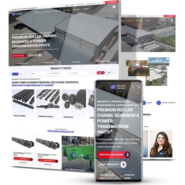 Image showing USA Roller Chain's website on desktop and mobile