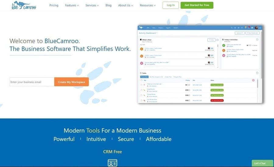 6 Emerging CRM Systems To Know & Try, According To Digital Silk 6 The homepage of CRM system BlueCamroo's website, stating in a headline, "Welcome to BlueCamroo. The Business Software That Simplifies Work."