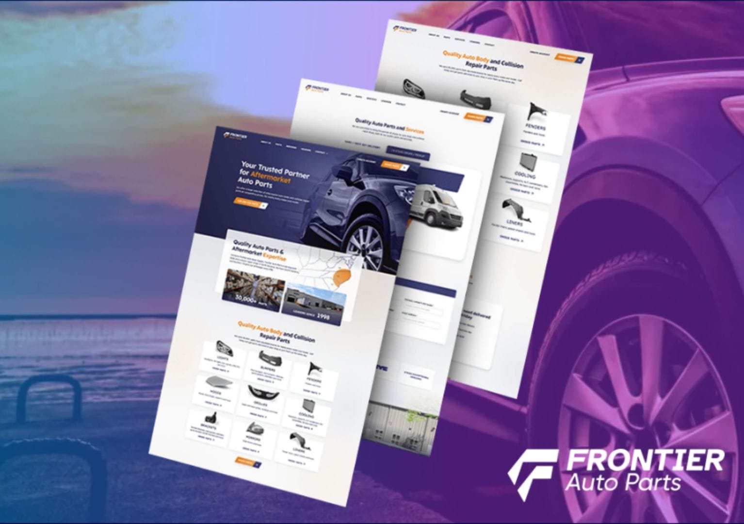 Frontier Auto Parts marketing website presentation with branded automotive visuals