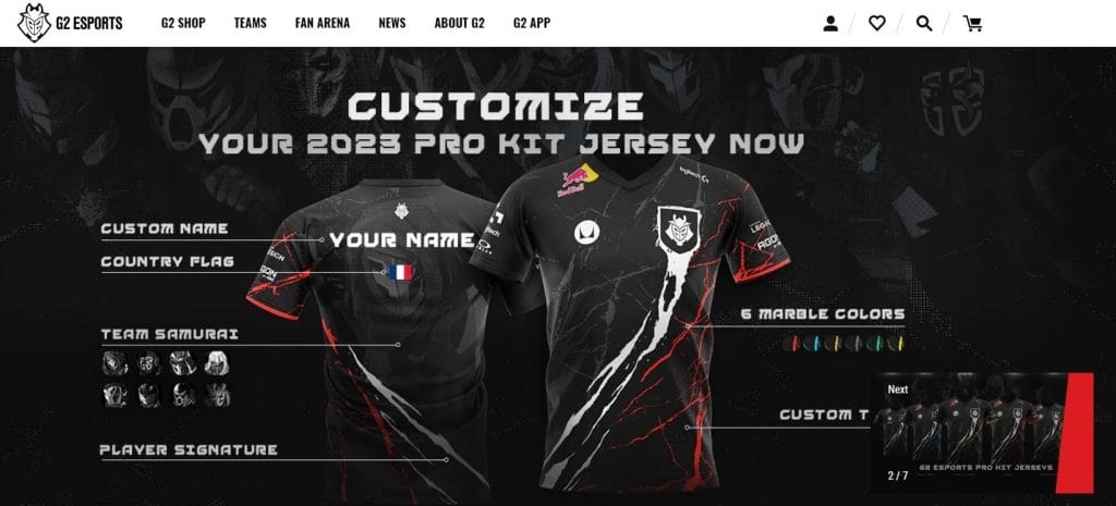 Custom Magento Themes: How To Create Your Uniform, Custom Design & Best Practices To Follow 4 An screenshot of G2 eSports online store offering customized jerseys