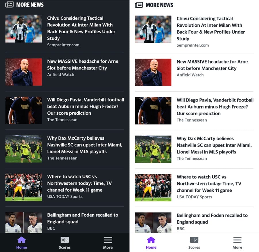Why Dark Mode Design Converts Better: 2026 Guide For CEOs 6 Image comparing Yahoo Sports' dark and light modes