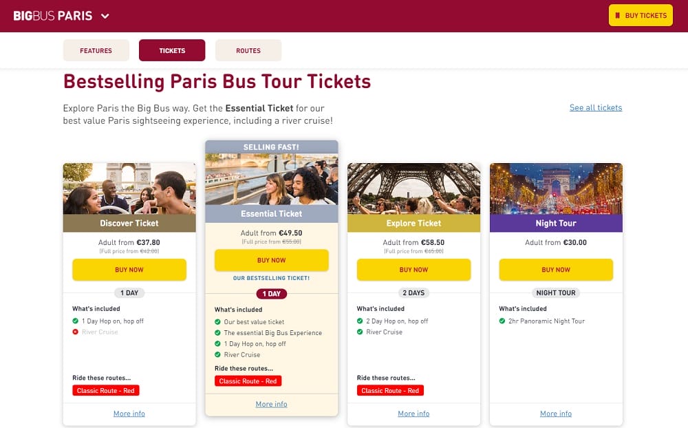 Designing For Magento: Expert Guide With Tips & eCommerce Examples 18 A website page from Big Bus Tours showing tour options in Paris