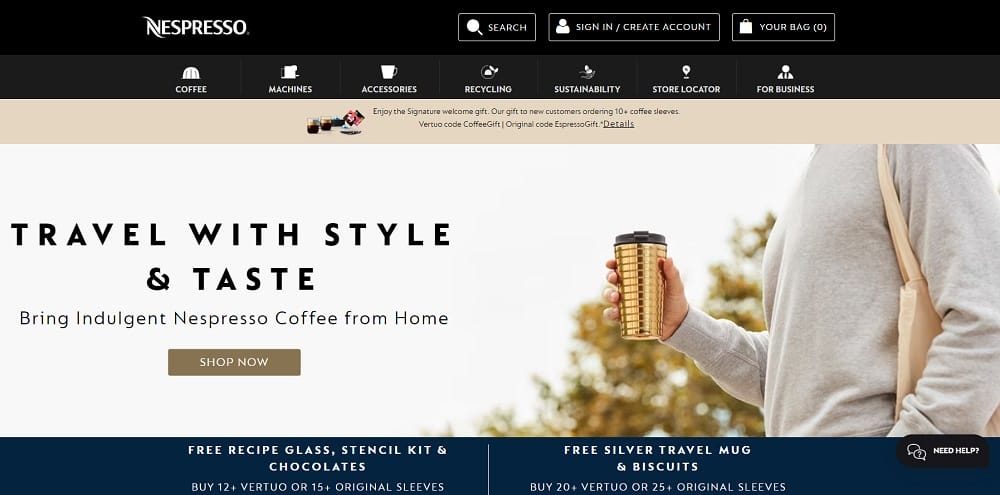 Designing For Magento: Expert Guide With Tips & eCommerce Examples 11 An image of Nespresso's homepage