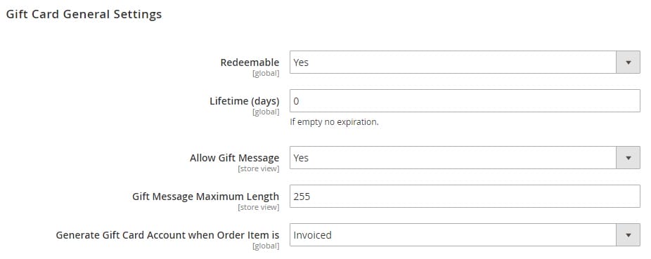 Designing For Magento: Expert Guide With Tips & eCommerce Examples 6 An image of the form fields in Magento for gift card settings