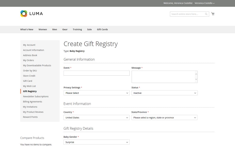 Designing For Magento: Expert Guide With Tips & eCommerce Examples 2 Gift registry form in Magento
