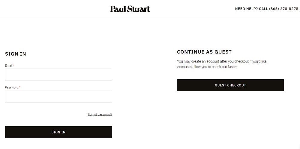Designing For Magento: Expert Guide With Tips & eCommerce Examples 10 An image showing checkout options on the Paul Stuart website