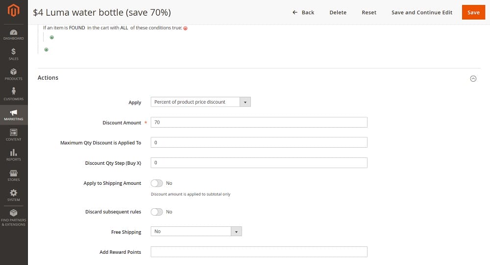 Designing For Magento: Expert Guide With Tips & eCommerce Examples 5 An image of the form fields used to add reward points to the cart price rule in Magento