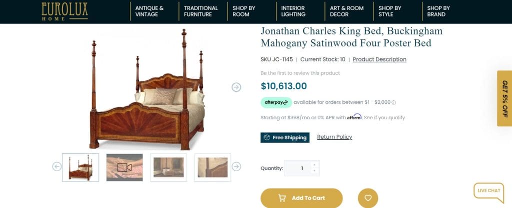 Designing For Magento: Expert Guide With Tips & eCommerce Examples 9 A product page on EuroLux's antique furniture store