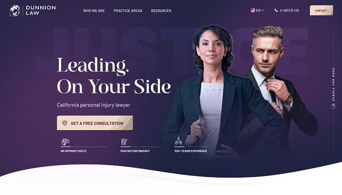 Law Firm Digital Marketing 42 Dunnion Law website homepage featuring attorneys, gradient background, and personal injury legal services messaging.