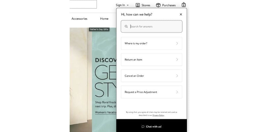 20 Best eCommerce Growth Strategies For 2025 4 A screenshot from Nordstorm's website showing what chatting with a chatbot looks like.