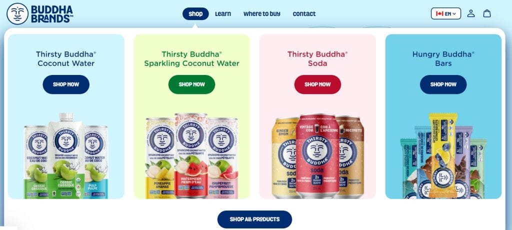 5 Best eCommerce Website Examples & Expert Guide To Creating A Site That Converts 12 A screenshot of Buddha Brands' mega menu design