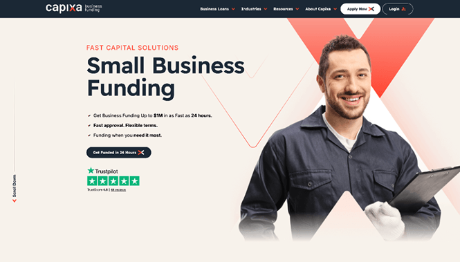 Capixa homepage hero section promoting small business funding with a smiling man holding a clipboard.