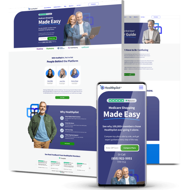 Healthpilot website shown across desktop, tablet, and mobile screens with Medicare plan comparison messaging.
