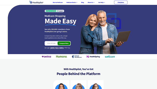 Healthpilot homepage hero section featuring a couple, Medicare shopping message, and plan comparison call to action.