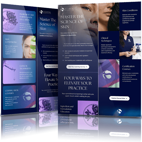 iS Clinical email campaign mockup featuring skincare education, clinical techniques, certification courses, and aesthetic training content in purple and navy tones.
