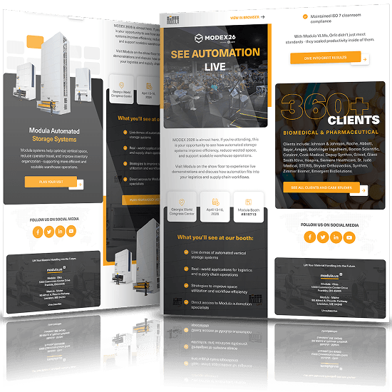 Modula trade show email designs shown in a multi-panel mockup highlighting automation, storage systems, event details, and client success messaging.