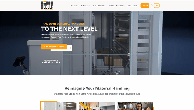 Modula homepage hero section featuring an automated vertical storage system and material handling message.