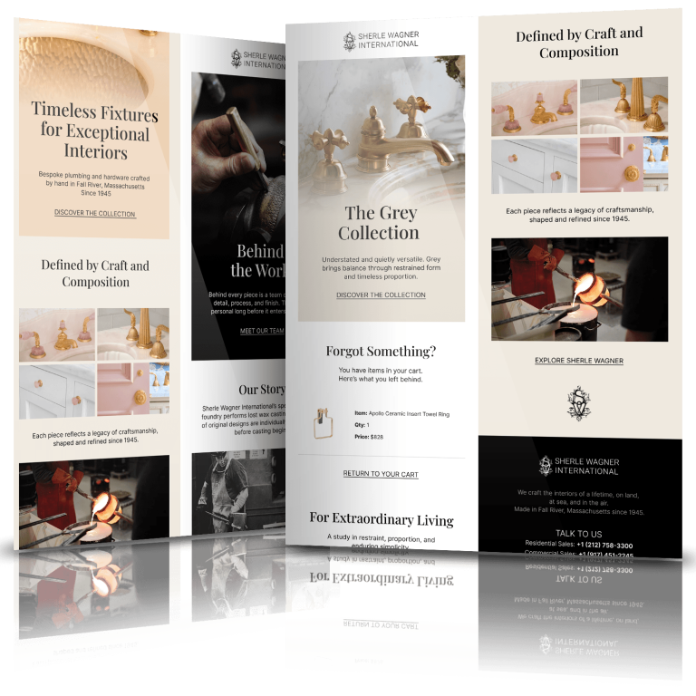 Sherle Wagner International luxury email designs displayed in a multi-panel mockup featuring premium fixtures, craftsmanship imagery, and elegant product collections.