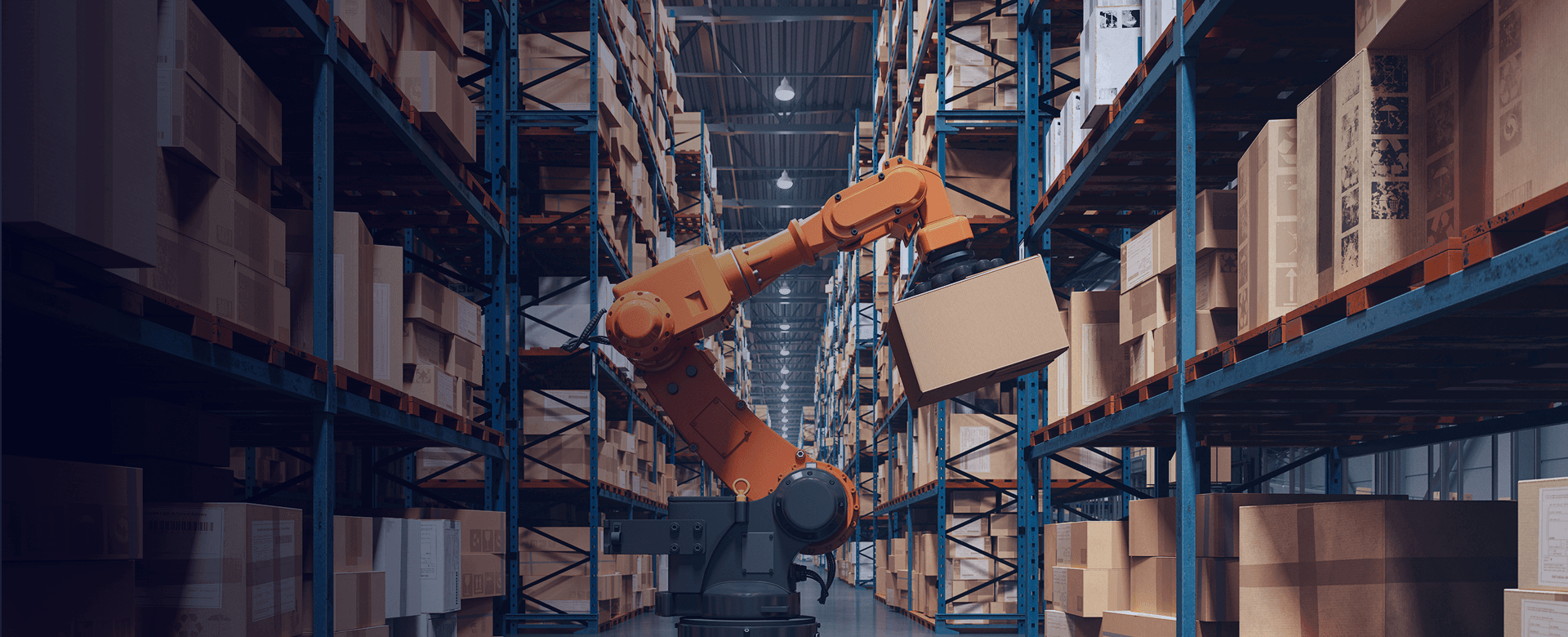 Robotic arm lifting a cardboard box inside a warehouse aisle.