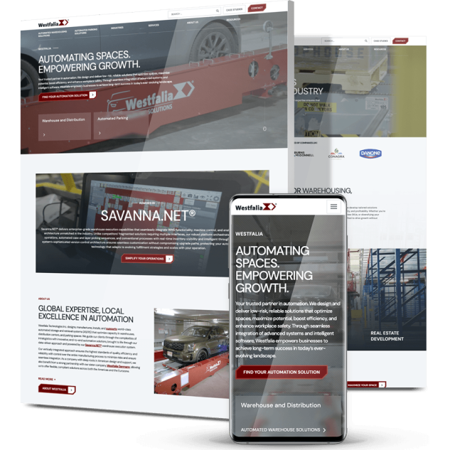 Westfalia website displayed on desktop, tablet, and mobile screens with warehouse automation and industrial solutions content.