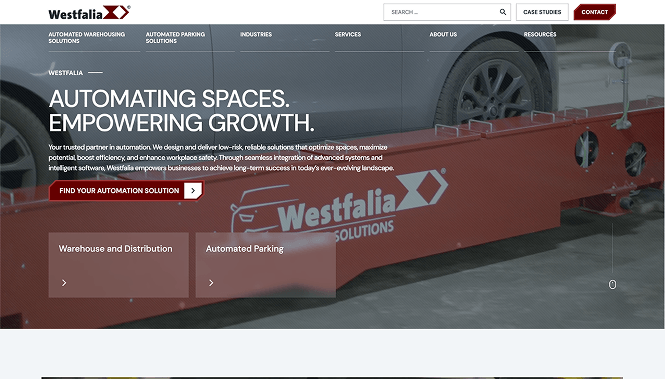 Westfalia homepage hero section featuring industrial automation equipment and a call to find an automation solution.