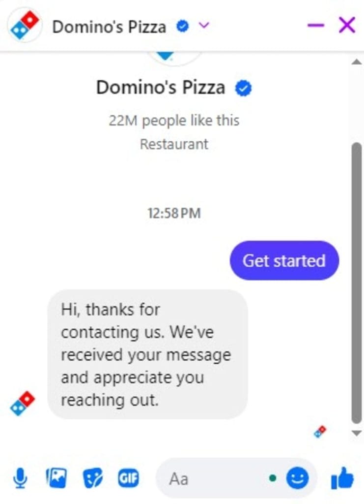 15 Facebook Marketing Strategies Company Owners Should Try 4 image showing Domino's Pizza automated message