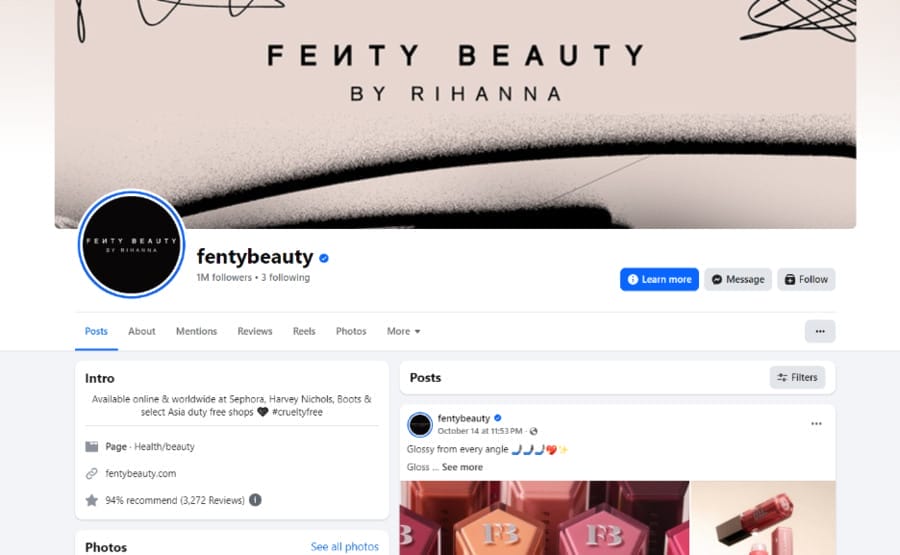 15 Facebook Marketing Strategies Company Owners Should Try 1 image showing Fenty Beauty's Facebook page
