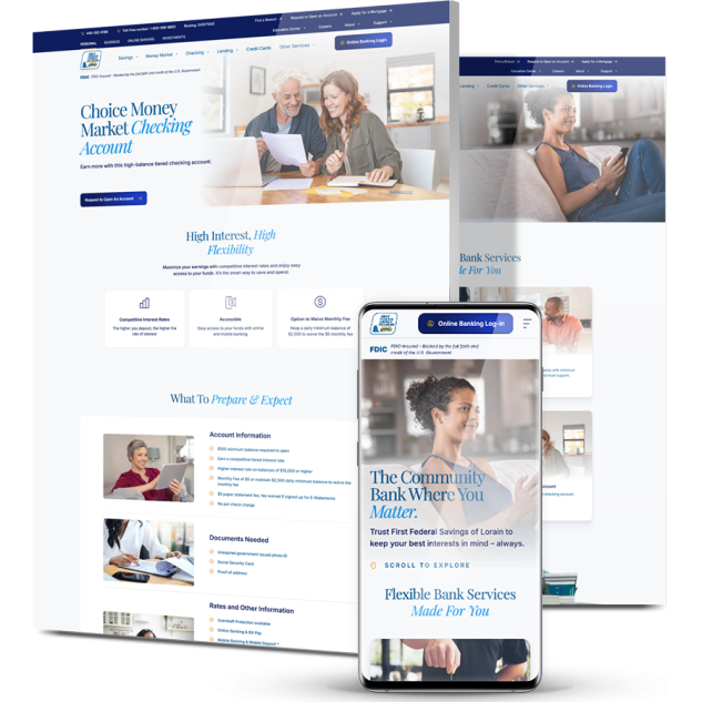 Image showing First Federal Savings of Lorain's website design on desktop and mobile