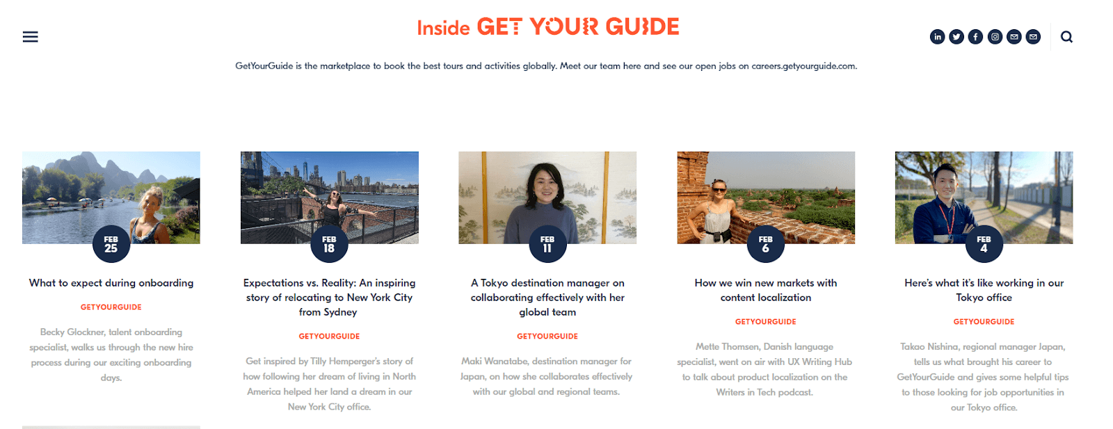 How 5 Emerging Tech Brands Use Digital Marketing To Grow Their Customer Base 5 A screenshot of GetYourGuide featured blog posts that boast diverse and quality content