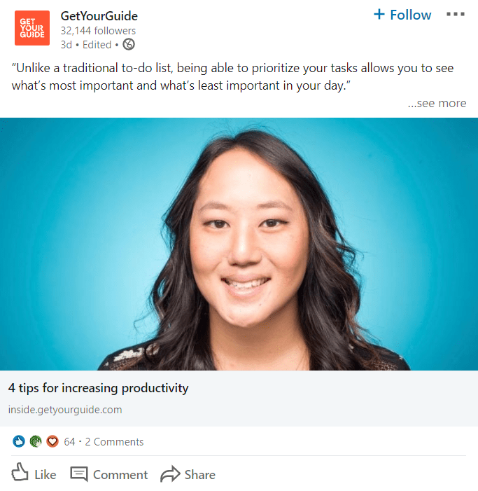 How 5 Emerging Tech Brands Use Digital Marketing To Grow Their Customer Base 9 get your guide - linkedin - tech brand digital marketing