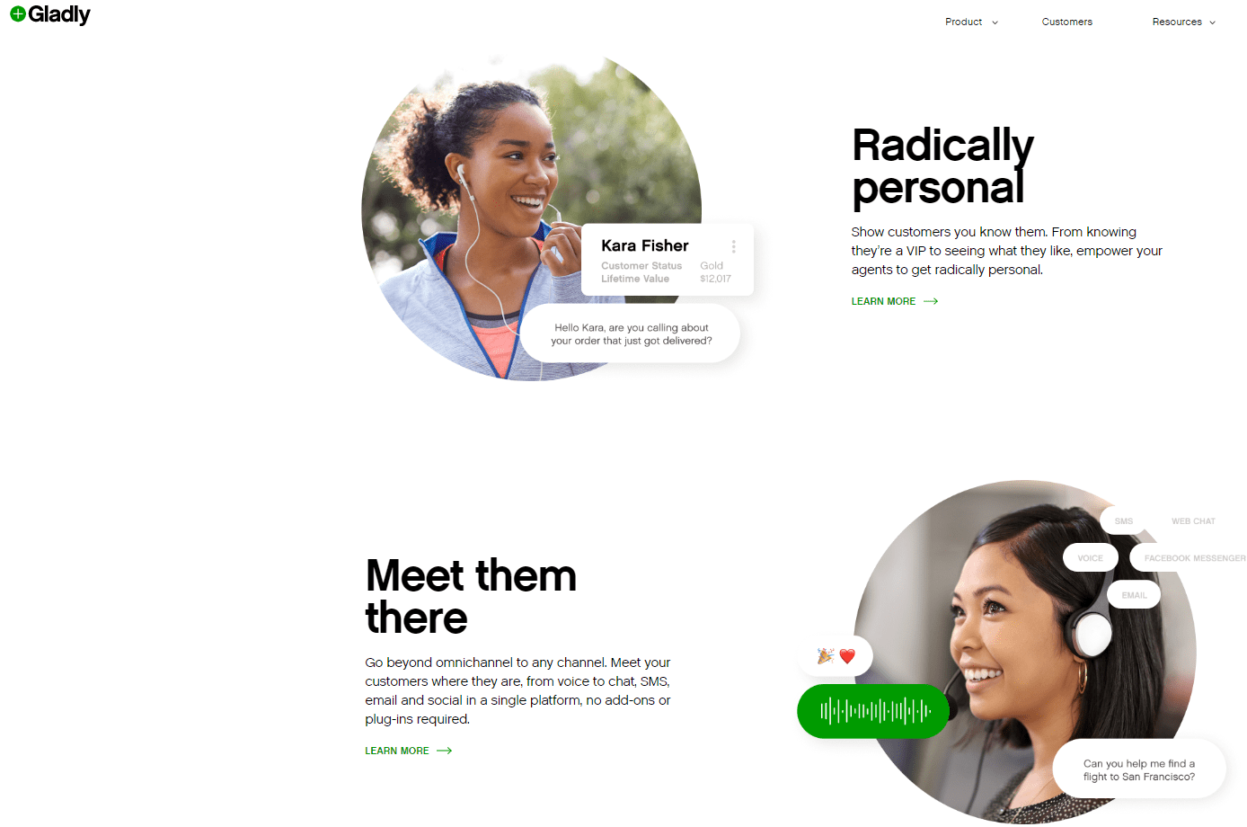 How 5 Emerging Tech Brands Use Digital Marketing To Grow Their Customer Base 11 Gladly's website stating "Radically personal" and "Meet them there" headlines