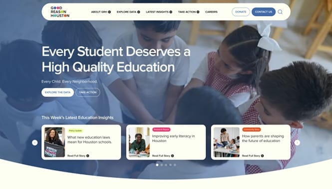 Education & University Web Design 24 Education nonprofit website homepage with children in classroom and headline about high-quality education for every student