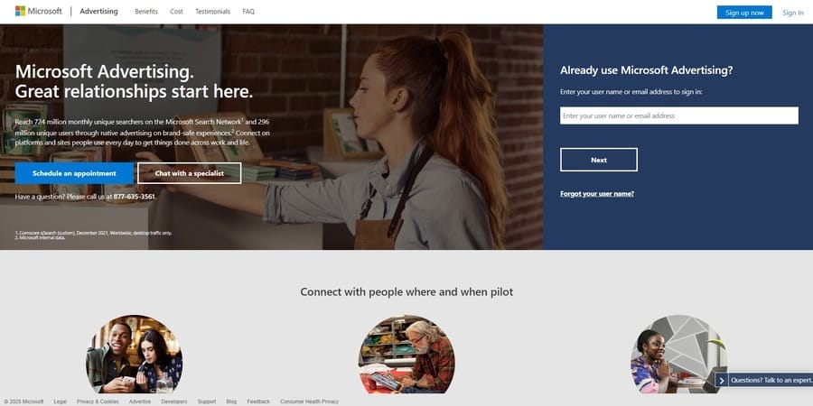 Google Ads Vs. Bing Ads — Which Platform Is Right For You? 3 Microsoft Ads homepage screenshot