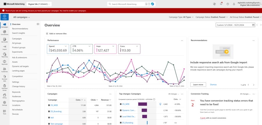 Google Ads Vs. Bing Ads — Which Platform Is Right For You? 9 Image showing Digital Silk's Bing Ads dashboard