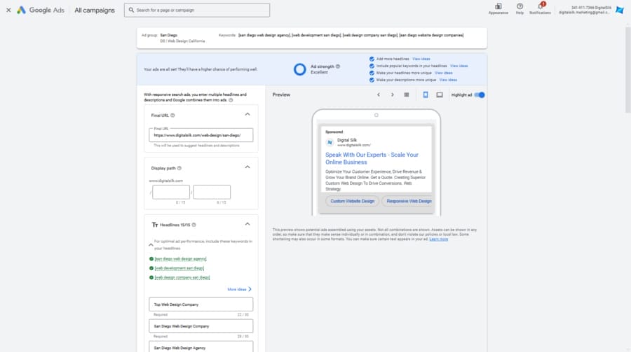 Google Ads Vs. Bing Ads — Which Platform Is Right For You? 7 Image showing Digital Silk's Google Ads editor