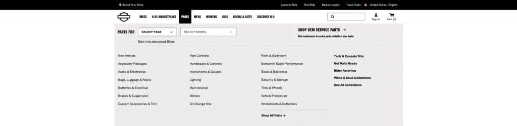 Revamping The Harley-Davidson Online Experience: A Digital Silk Before & After Case Study 5 Main menu on the Harley-Davidson website