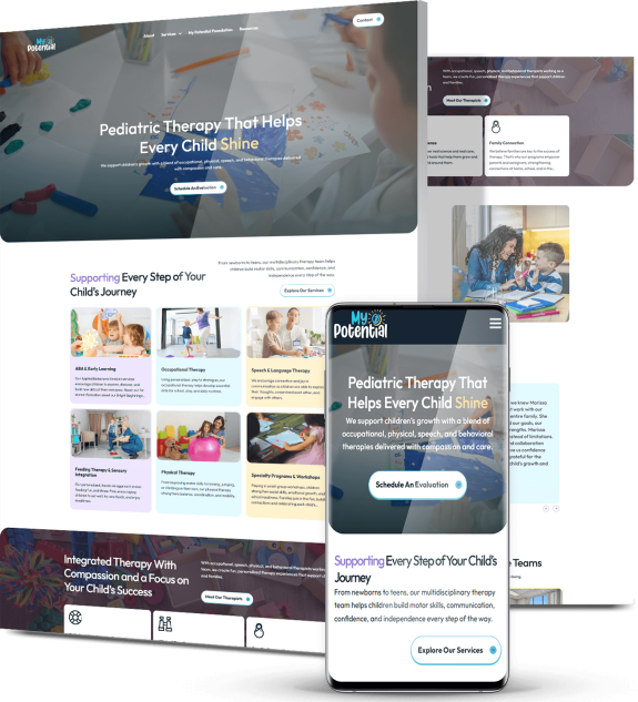 Composite mockup of My Potential's website shown across desktop and mobile screens with service sections and therapy categories visible