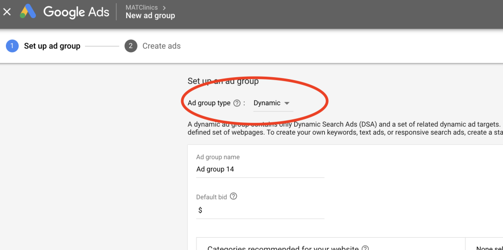 Top 9 PPC Strategies For Medical Service Providers 2 Image showing how to choose dynamic ad groups on Google