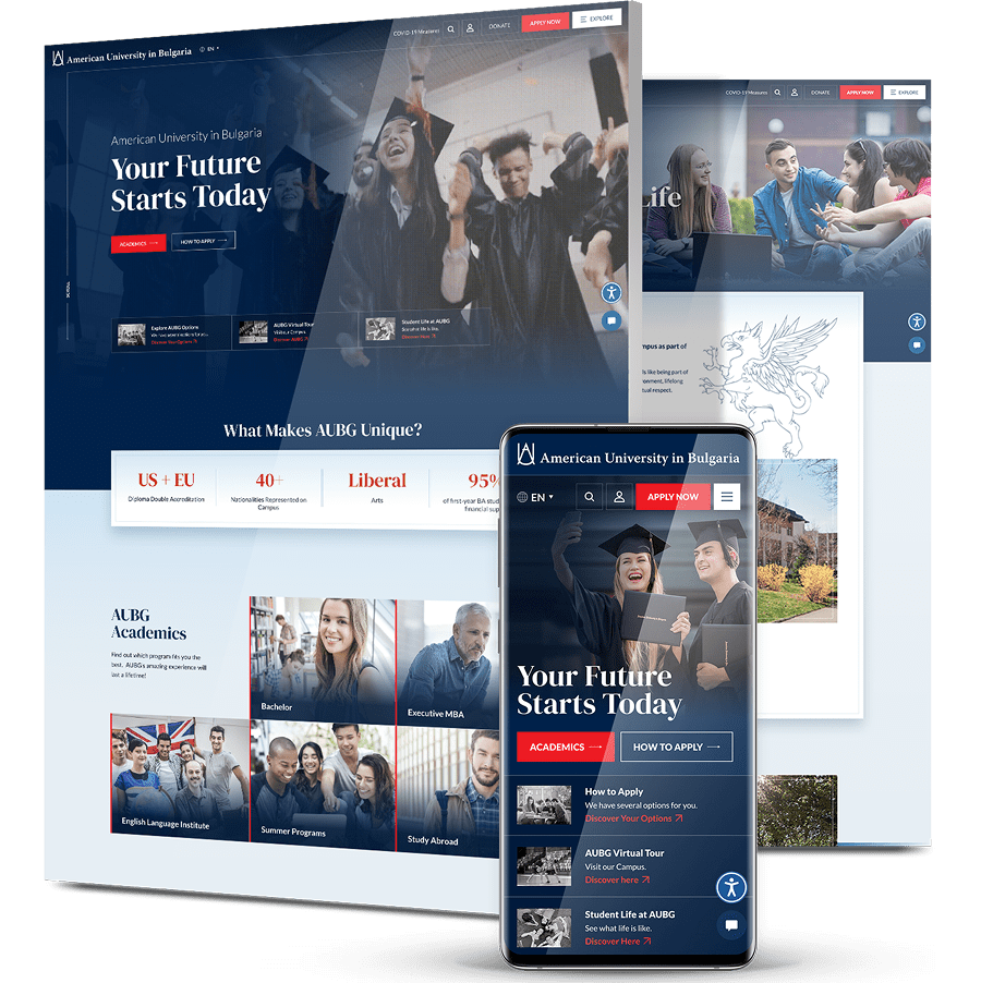 University website design for AUBG featuring students celebrating graduation with headline “Your Future Starts Today” across desktop and mobile views