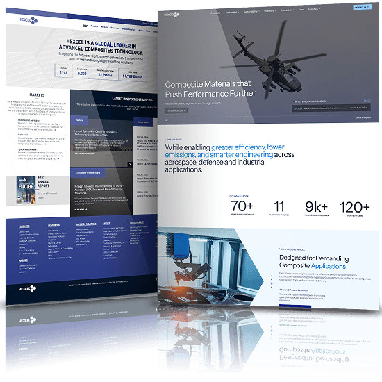 Image showing the before and after of Hexcel's website design