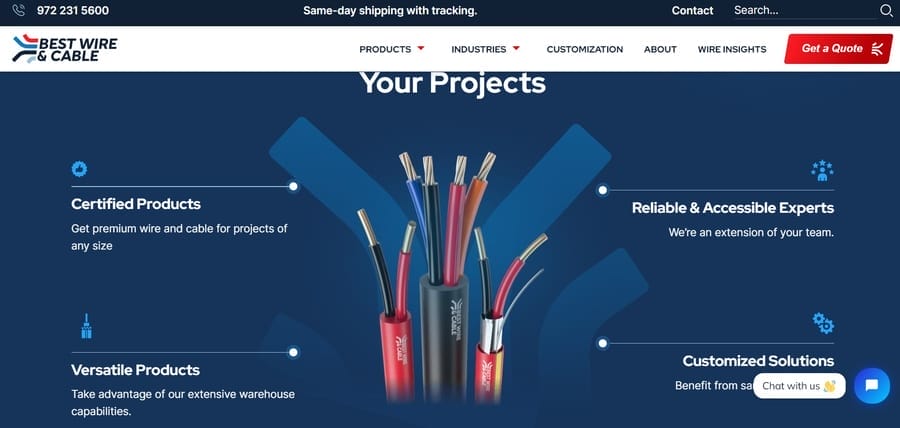 How To Choose Brand Colors: Steps, Examples & More 12 Best Wire & Cable website screenshot showing brand colors