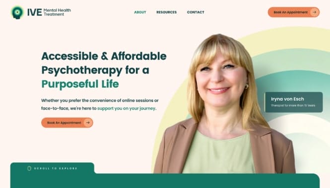Healthcare & Medical Web Design 55 IVE Mental Health website homepage showing a therapist portrait and messaging about accessible and affordable psychotherapy.