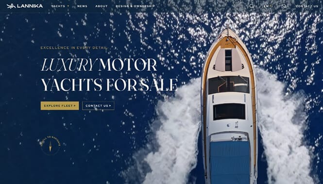 Automotive & Transportation Web Design 27 Luxury yacht sales website for Lannika with aerial ocean view and premium design showcasing high-end vessels