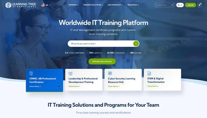 Education & University Web Design 26 IT training platform website with search bar and categories for certifications and professional development courses