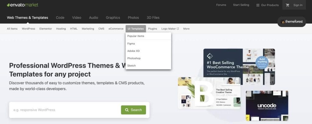 Magento vs. Shopify vs. WooCommerce: Who Wins The eCommerce Platform Face-Off? 7 Screenshot of Theme Forest's homepage