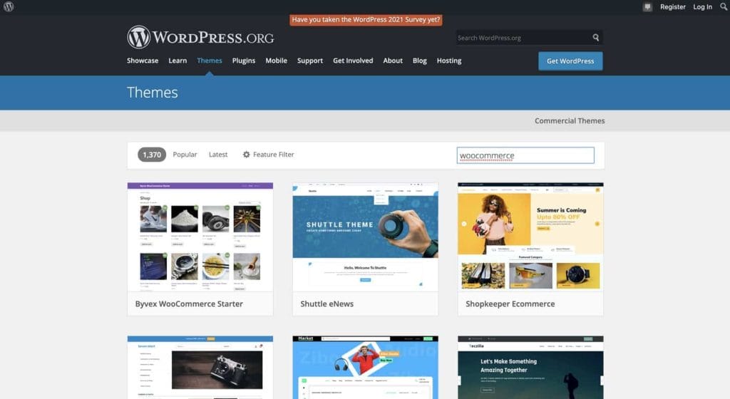 Magento vs. Shopify vs. WooCommerce: Who Wins The eCommerce Platform Face-Off? 8 Screenshot of WordPress' theme library