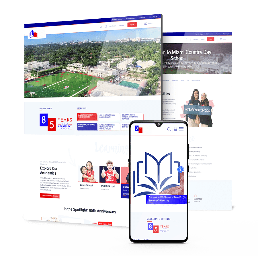 Private school website design for MCDS with students collaborating in a modern classroom environment and academic-focused messaging