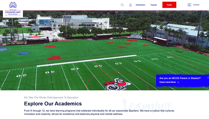 Education & University Web Design 28 School website featuring campus athletic field and academics section with navigation for programs and admissions