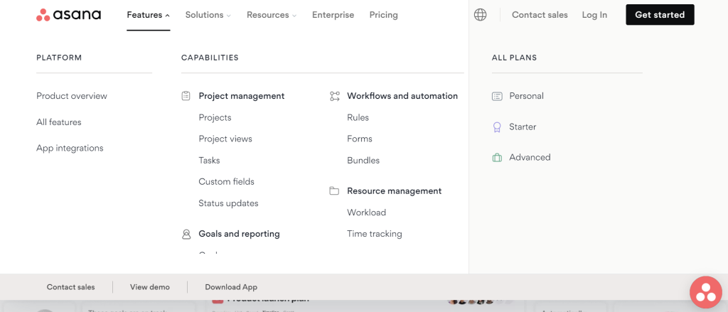 18 Mega Menu Examples To Streamline Your Website Navigation In 2026 9 A screenshot of Asana's website mega menu