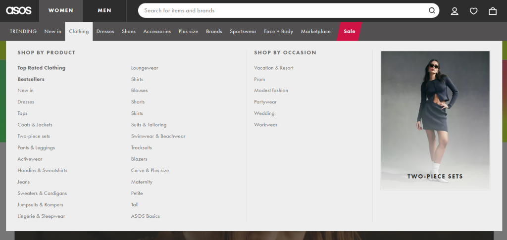 18 Mega Menu Examples To Streamline Your Website Navigation In 2026 1 A screenshot of ASOS' website mega menu